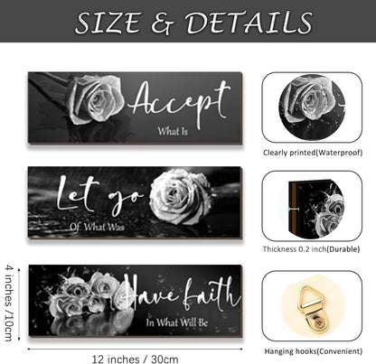 3 Pcs Yellow Wall Decor Inspirational Yellow Rose Bathroom Wooden Wall Art Office Wall Decor With Accept Let Go Have Faith Quotes For Girl Women Bathroom Bedroom(yellow 12 X 4 Inch)