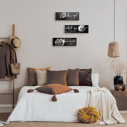 3 Pcs Yellow Wall Decor Inspirational Yellow Rose Bathroom Wooden Wall Art Office Wall Decor With Accept Let Go Have Faith Quotes For Girl Women Bathroom Bedroom(yellow 12 X 4 Inch)