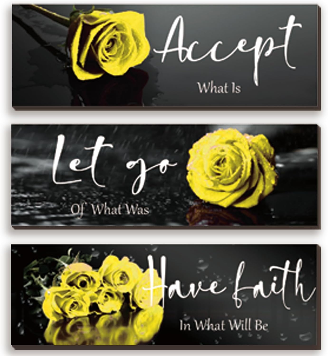 3 Pcs Yellow Wall Decor Inspirational Yellow Rose Bathroom Wooden Wall Art Office Wall Decor With Accept Let Go Have Faith Quotes For Girl Women Bathroom Bedroom(yellow 12 X 4 Inch)