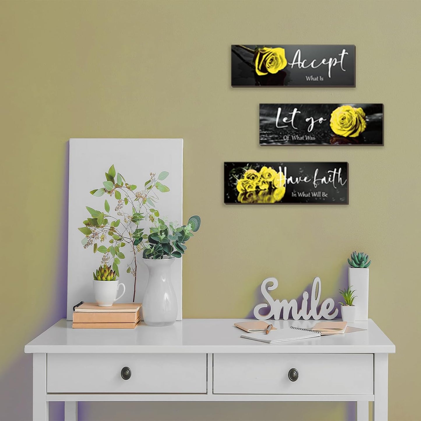 3 Pcs Yellow Wall Decor Inspirational Yellow Rose Bathroom Wooden Wall Art Office Wall Decor With Accept Let Go Have Faith Quotes For Girl Women Bathroom Bedroom(yellow 12 X 4 Inch)