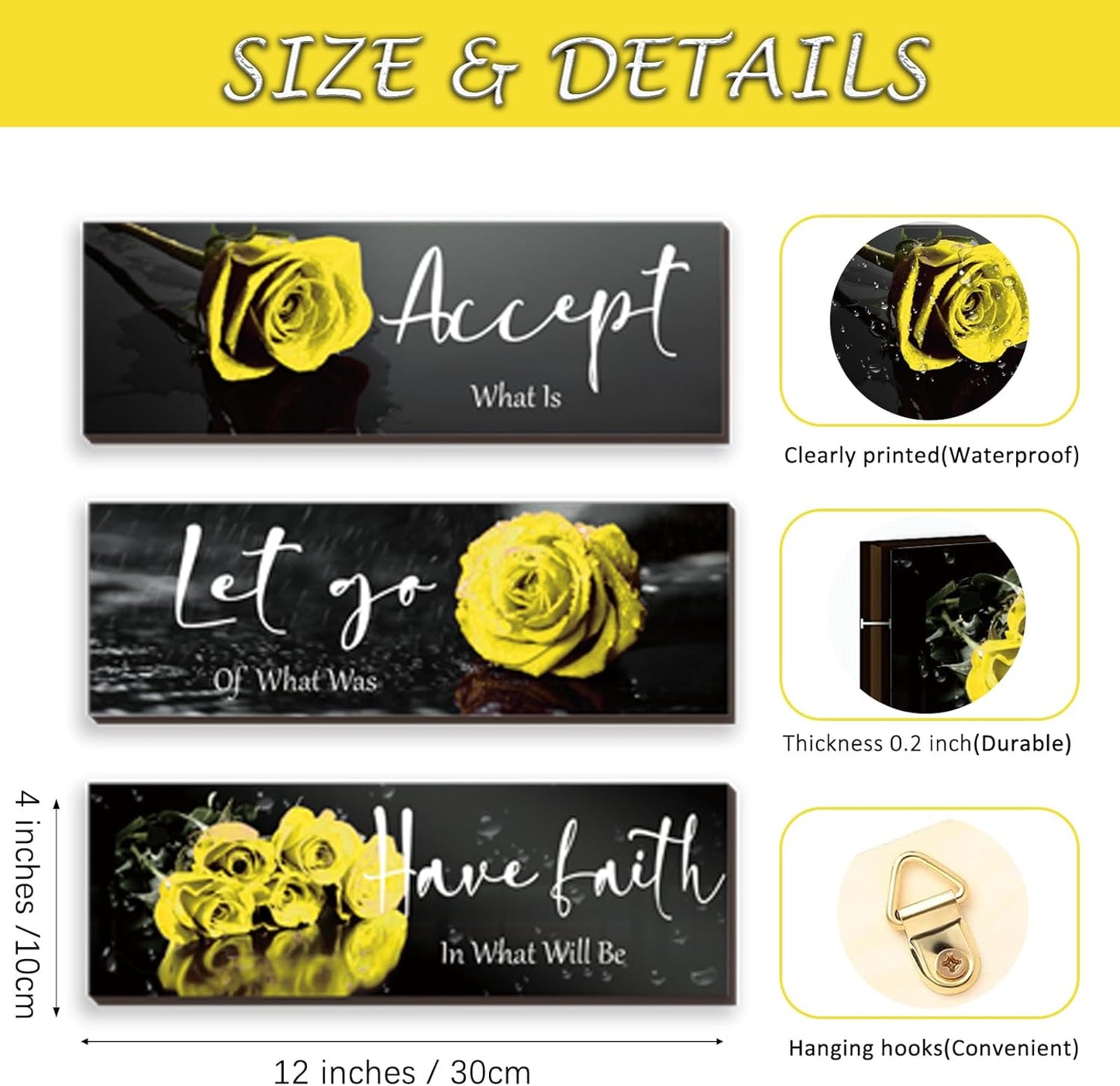 3 Pcs Yellow Wall Decor Inspirational Yellow Rose Bathroom Wooden Wall Art Office Wall Decor With Accept Let Go Have Faith Quotes For Girl Women Bathroom Bedroom(yellow 12 X 4 Inch)