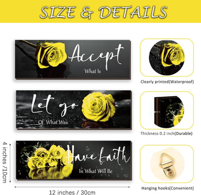 3 Pcs Yellow Wall Decor Inspirational Yellow Rose Bathroom Wooden Wall Art Office Wall Decor With Accept Let Go Have Faith Quotes For Girl Women Bathroom Bedroom(yellow 12 X 4 Inch)