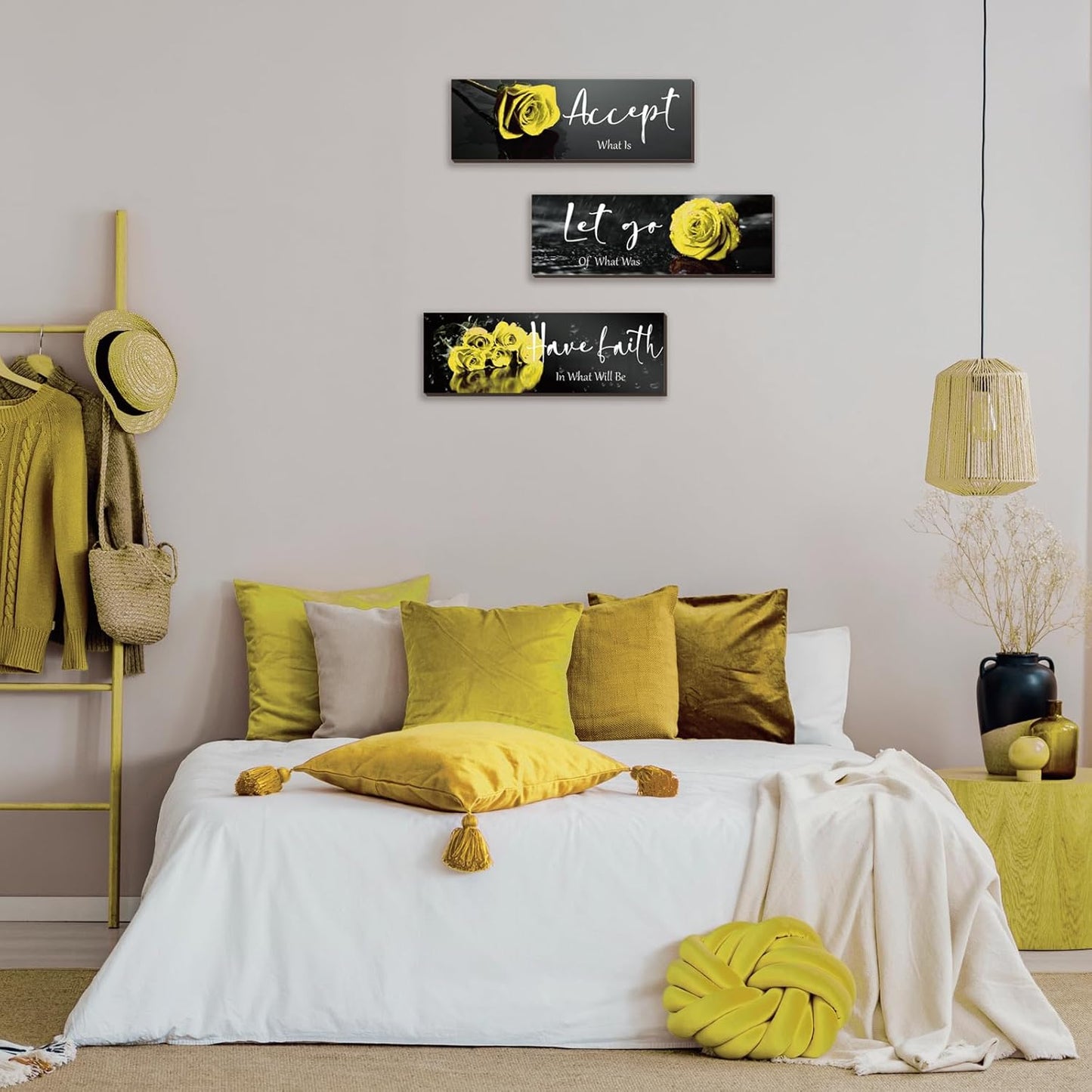 3 Pcs Yellow Wall Decor Inspirational Yellow Rose Bathroom Wooden Wall Art Office Wall Decor With Accept Let Go Have Faith Quotes For Girl Women Bathroom Bedroom(yellow 12 X 4 Inch)