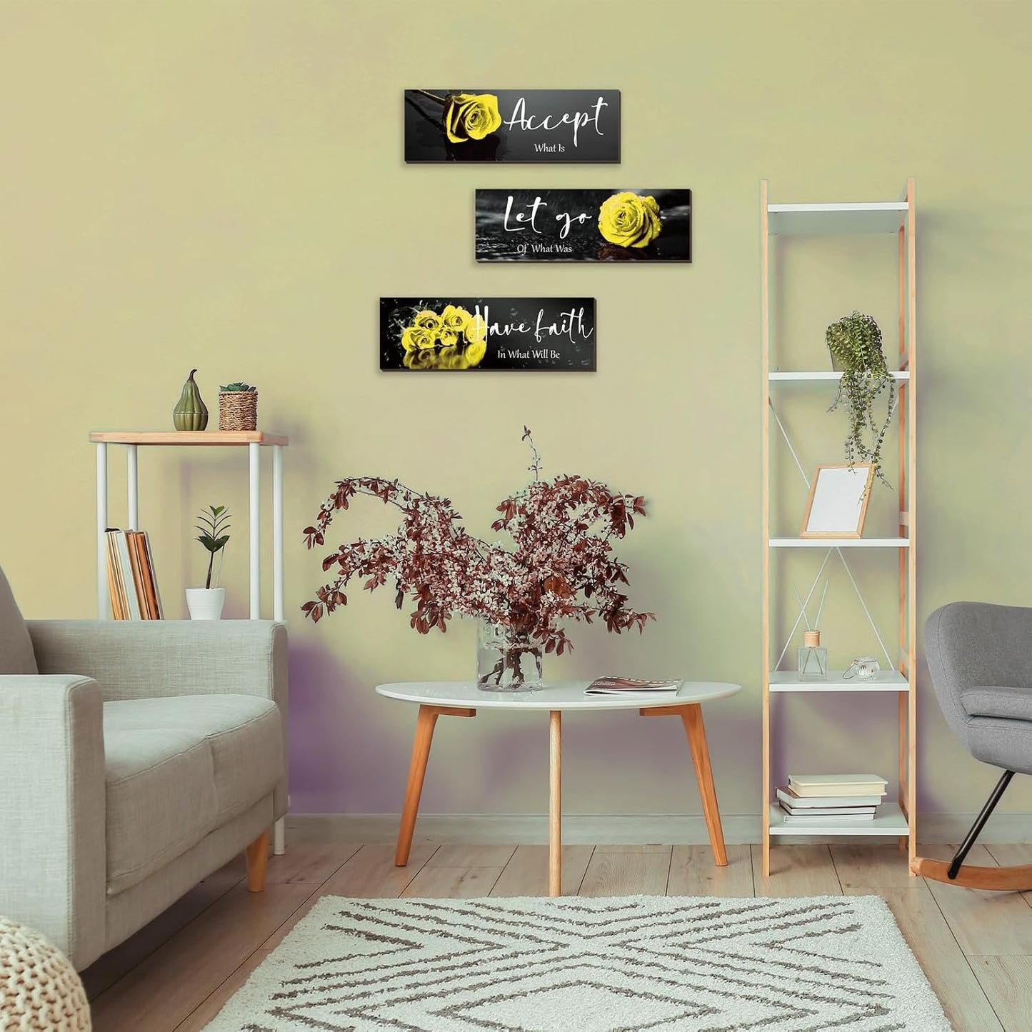 3 Pcs Yellow Wall Decor Inspirational Yellow Rose Bathroom Wooden Wall Art Office Wall Decor With Accept Let Go Have Faith Quotes For Girl Women Bathroom Bedroom(yellow 12 X 4 Inch)