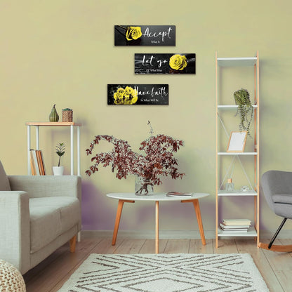 3 Pcs Yellow Wall Decor Inspirational Yellow Rose Bathroom Wooden Wall Art Office Wall Decor With Accept Let Go Have Faith Quotes For Girl Women Bathroom Bedroom(yellow 12 X 4 Inch)