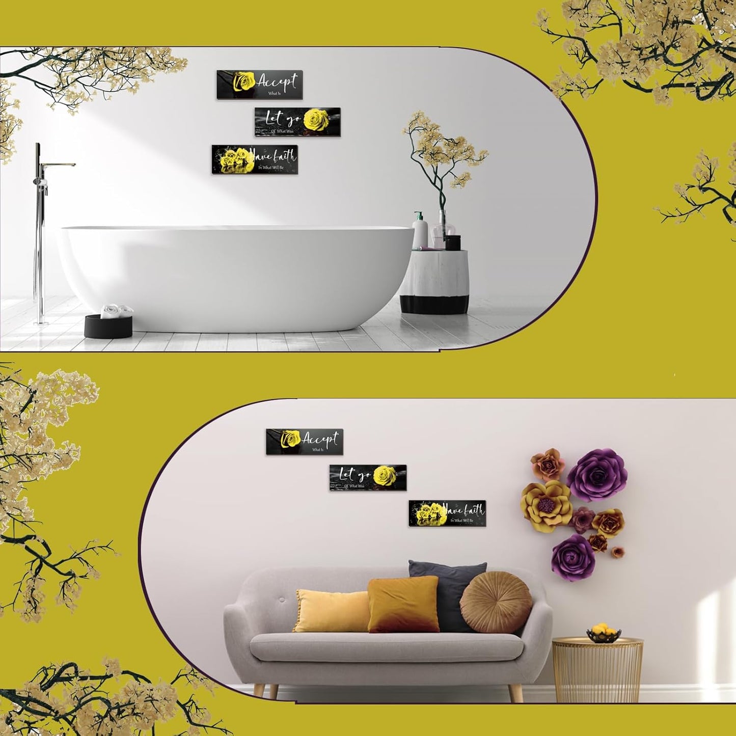 3 Pcs Yellow Wall Decor Inspirational Yellow Rose Bathroom Wooden Wall Art Office Wall Decor With Accept Let Go Have Faith Quotes For Girl Women Bathroom Bedroom(yellow 12 X 4 Inch)