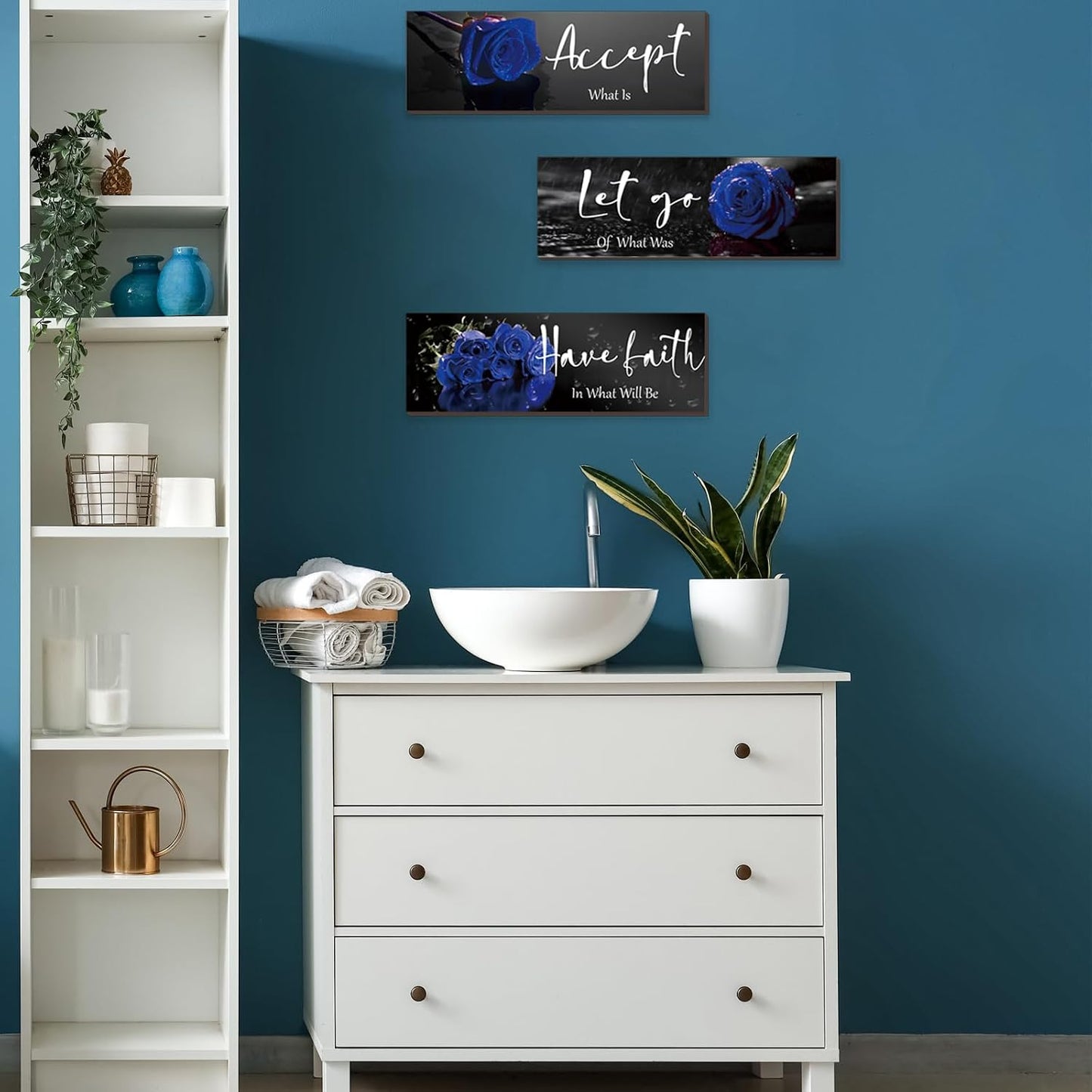 3 Pcs Yellow Wall Decor Inspirational Yellow Rose Bathroom Wooden Wall Art Office Wall Decor With Accept Let Go Have Faith Quotes For Girl Women Bathroom Bedroom(yellow 12 X 4 Inch)
