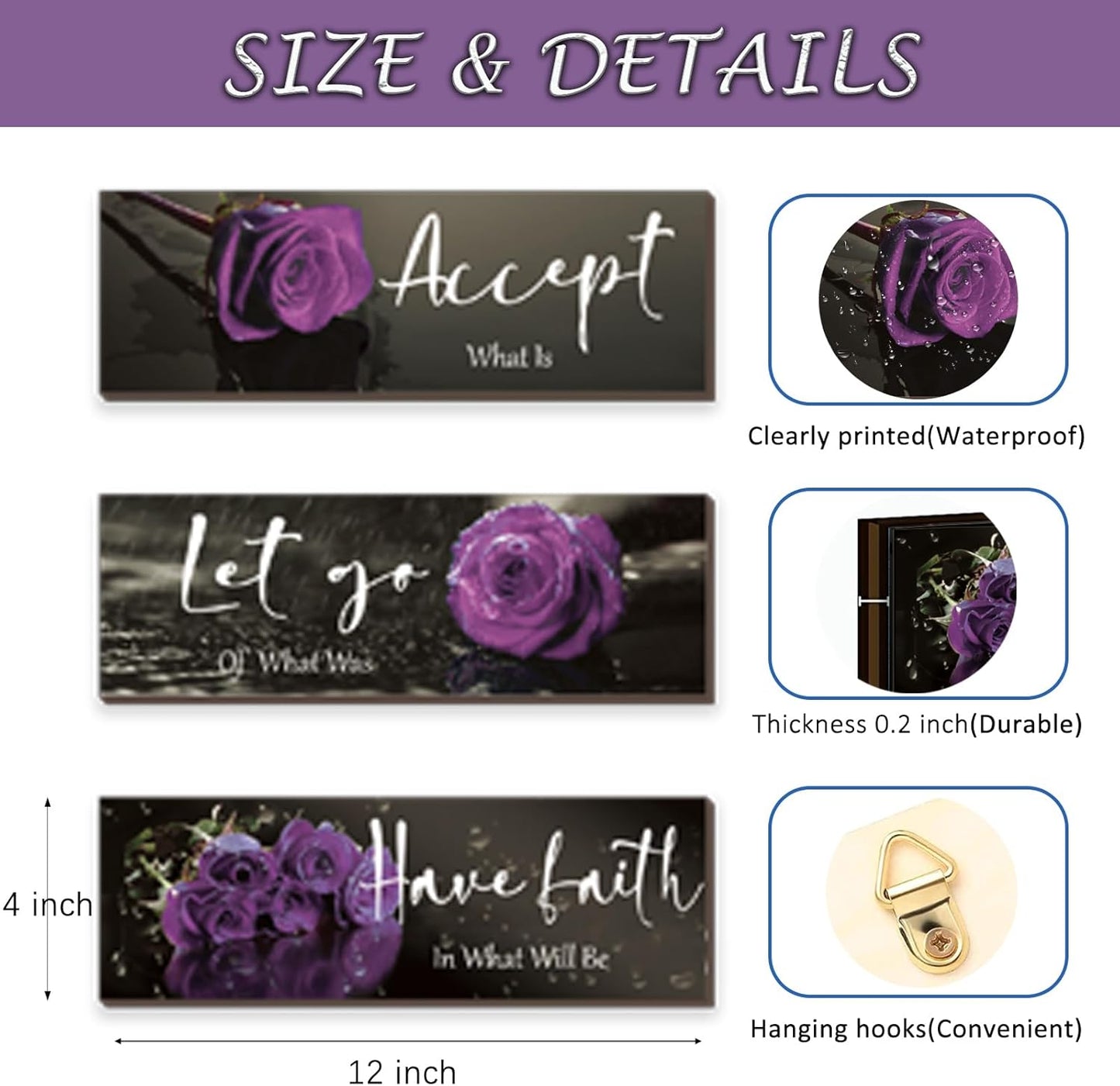 3 Pcs Yellow Wall Decor Inspirational Yellow Rose Bathroom Wooden Wall Art Office Wall Decor With Accept Let Go Have Faith Quotes For Girl Women Bathroom Bedroom(yellow 12 X 4 Inch)