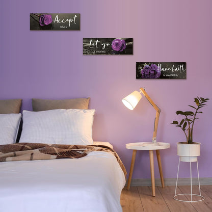 3 Pcs Yellow Wall Decor Inspirational Yellow Rose Bathroom Wooden Wall Art Office Wall Decor With Accept Let Go Have Faith Quotes For Girl Women Bathroom Bedroom(yellow 12 X 4 Inch)