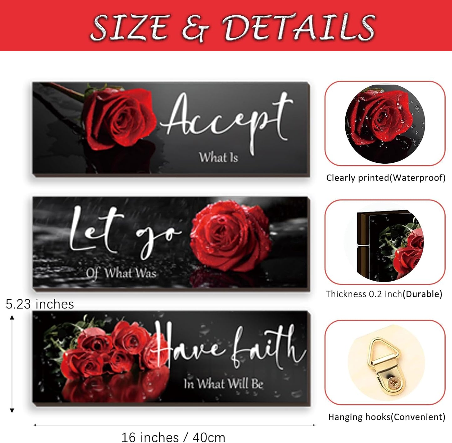 3 Pcs Yellow Wall Decor Inspirational Yellow Rose Bathroom Wooden Wall Art Office Wall Decor With Accept Let Go Have Faith Quotes For Girl Women Bathroom Bedroom(yellow 12 X 4 Inch)