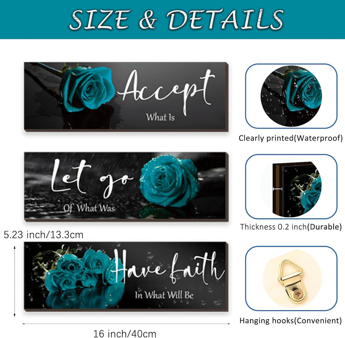 3 Pcs Yellow Wall Decor Inspirational Yellow Rose Bathroom Wooden Wall Art Office Wall Decor With Accept Let Go Have Faith Quotes For Girl Women Bathroom Bedroom(yellow 12 X 4 Inch)