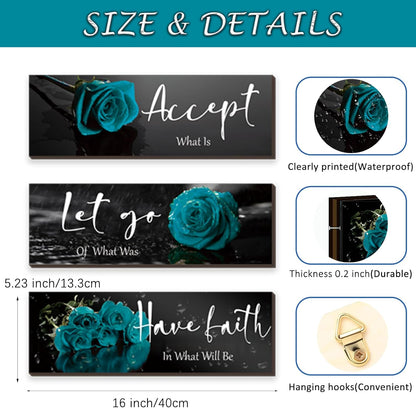 3 Pcs Yellow Wall Decor Inspirational Yellow Rose Bathroom Wooden Wall Art Office Wall Decor With Accept Let Go Have Faith Quotes For Girl Women Bathroom Bedroom(yellow 12 X 4 Inch)