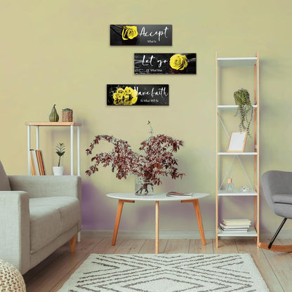 3 Pcs Yellow Wall Decor Inspirational Yellow Rose Bathroom Wooden Wall Art Office Wall Decor With Accept Let Go Have Faith Quotes For Girl Women Bathroom Bedroom(yellow 12 X 4 Inch)