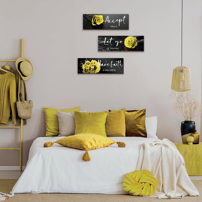 3 Pcs Yellow Wall Decor Inspirational Yellow Rose Bathroom Wooden Wall Art Office Wall Decor With Accept Let Go Have Faith Quotes For Girl Women Bathroom Bedroom(yellow 12 X 4 Inch)