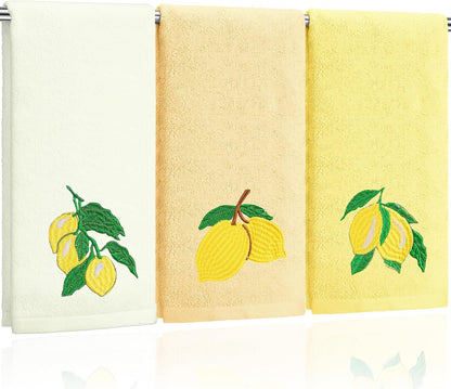 3 Pcs Lemon Hand Towels 14x29 Inch Spring Summer Farmhouse Yellow Lemon Cotton Embroidered Soft Absorbent Bathroom Decor Towels for Bathroom Kitchen