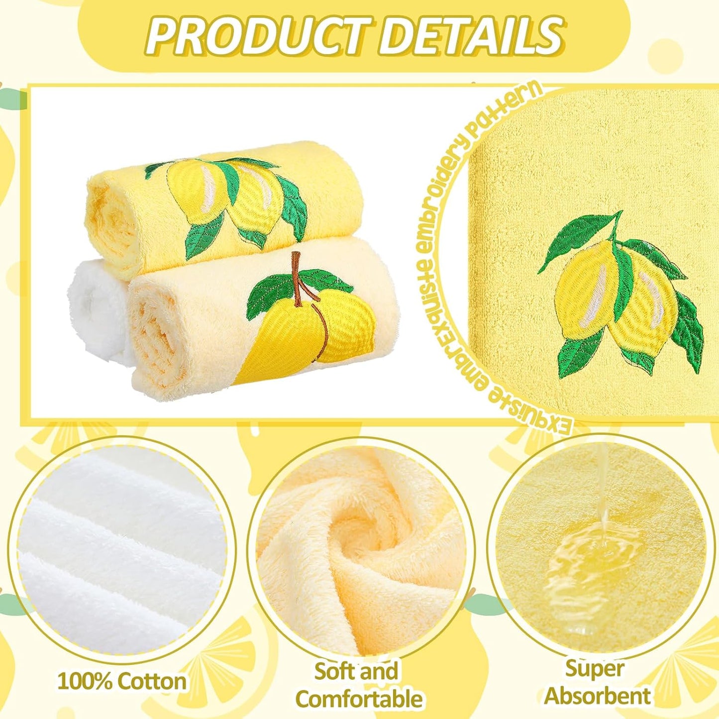 3 Pcs Lemon Hand Towels 14x29 Inch Spring Summer Farmhouse Yellow Lemon Cotton Embroidered Soft Absorbent Bathroom Decor Towels for Bathroom Kitchen
