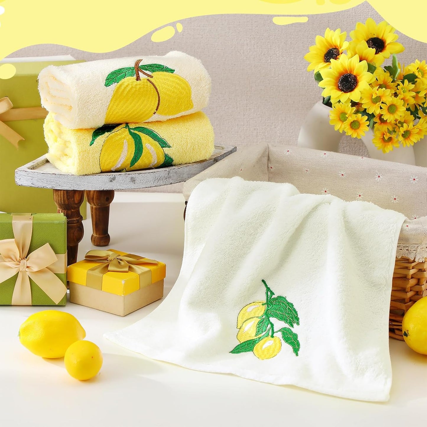 3 Pcs Lemon Hand Towels 14x29 Inch Spring Summer Farmhouse Yellow Lemon Cotton Embroidered Soft Absorbent Bathroom Decor Towels for Bathroom Kitchen