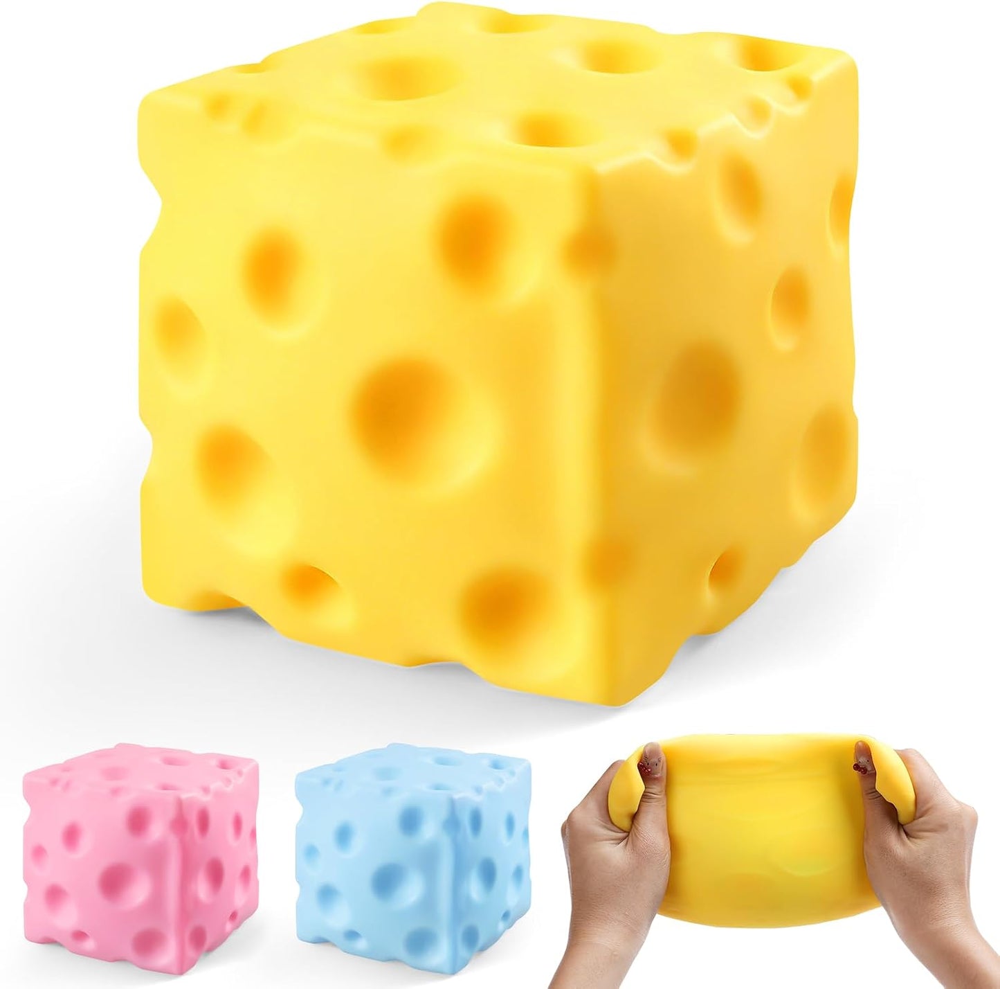 Big Cheese Squishy, Cube Squishies, Large Cheese Block Squeeze Toys, Stress Ball Fidget Sensory Squeezy Toys for Adults Stress Relief (Yellow, 3.4 in)