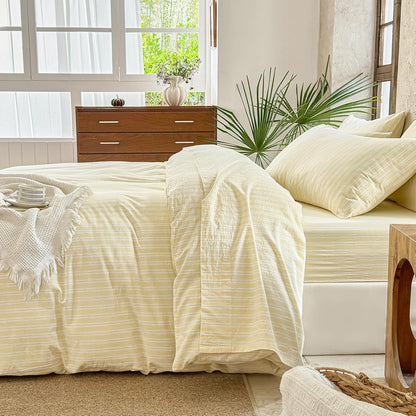 Yellow Striped Duvet Cover Set 100% Washed Cotton Linen Like Soft Feelling Breathable Bedding(Light Yellow/White Strip,Queen)