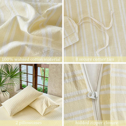 Yellow Striped Duvet Cover Set 100% Washed Cotton Linen Like Soft Feelling Breathable Bedding(Light Yellow/White Strip,Queen)
