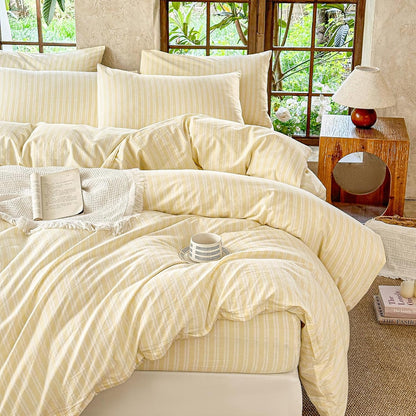 Yellow Striped Duvet Cover Set 100% Washed Cotton Linen Like Soft Feelling Breathable Bedding(Light Yellow/White Strip,Queen)
