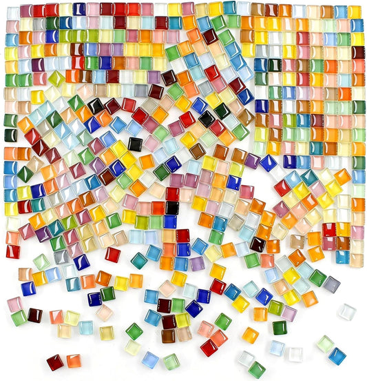 500pcs Glass Mosaic Tiles, 10mm Colorful Square Mosaic Glass Pieces, Transparent Mosaic Tiles Supplies for Picture DIY Home Decoration, Art Crafts