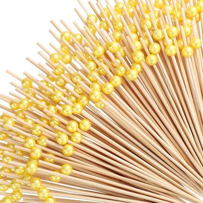 300 Pcs Cocktail Pick Pearl Fancy Toothpick for Appetizer 4.7 Inch Long Skewer for Drink Fruit Food Bamboo Stick Wedding Bridal Shower Decoration Charcuterie Accessories (Yellow)