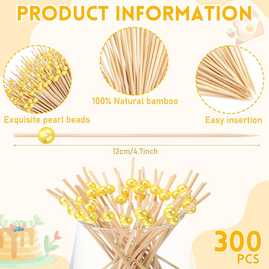 300 Pcs Cocktail Pick Pearl Fancy Toothpick for Appetizer 4.7 Inch Long Skewer for Drink Fruit Food Bamboo Stick Wedding Bridal Shower Decoration Charcuterie Accessories (Yellow)