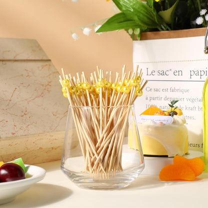 300 Pcs Cocktail Pick Pearl Fancy Toothpick for Appetizer 4.7 Inch Long Skewer for Drink Fruit Food Bamboo Stick Wedding Bridal Shower Decoration Charcuterie Accessories (Yellow)