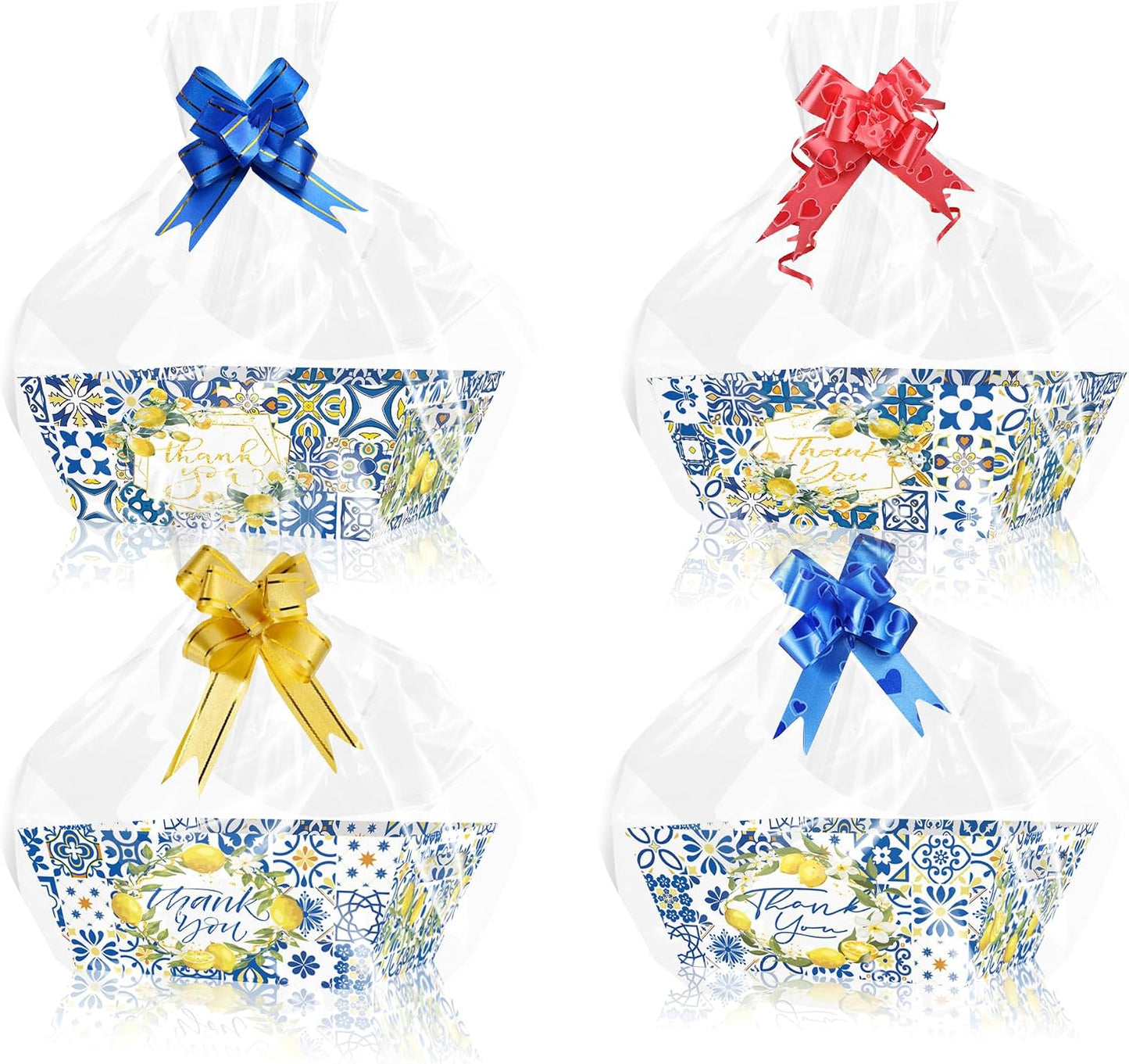 Blue Tile Lemon Gift Basket Set - 12 Baskets + 12 Bags + 4 Ribbons, Thank You Gift Baskets for Wedding, Bridal Shower, Party Favors