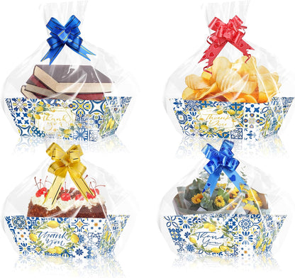Blue Tile Lemon Gift Basket Set - 12 Baskets + 12 Bags + 4 Ribbons, Thank You Gift Baskets for Wedding, Bridal Shower, Party Favors