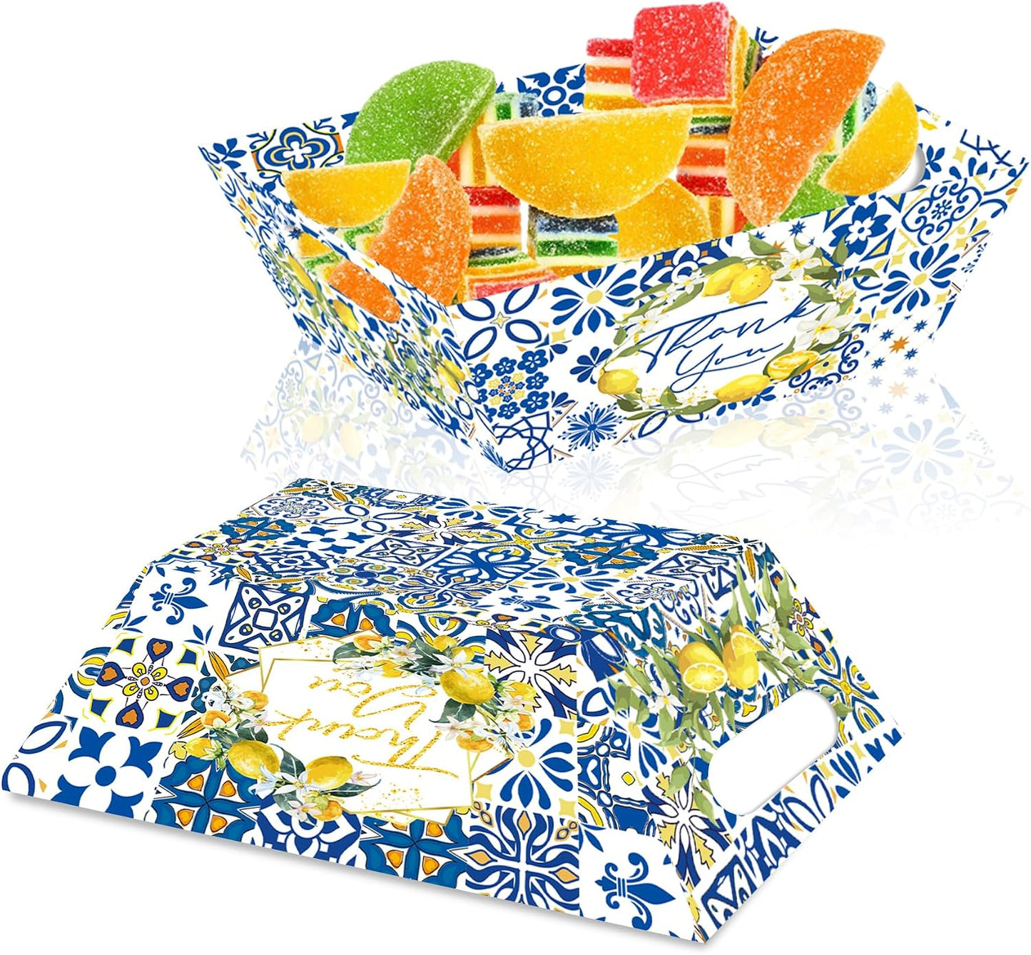 Blue Tile Lemon Gift Basket Set - 12 Baskets + 12 Bags + 4 Ribbons, Thank You Gift Baskets for Wedding, Bridal Shower, Party Favors