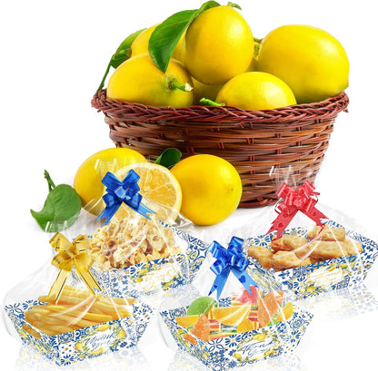 Blue Tile Lemon Gift Basket Set - 12 Baskets + 12 Bags + 4 Ribbons, Thank You Gift Baskets for Wedding, Bridal Shower, Party Favors