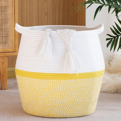 Woven Baskets for Storage(17"x17"),Large Cotton Rope Woven Baby Laundry Hamper,Collapsible Laundry Basket, Blanket Basket for Organizing Living Room,Nursery,Pillows,Toy Chest(Yellow)