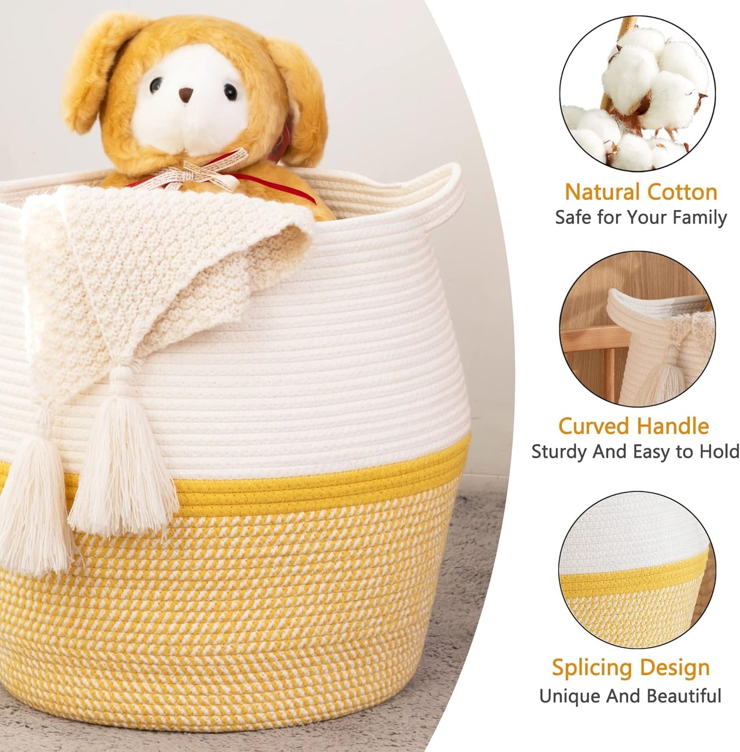 Woven Baskets for Storage(17"x17"),Large Cotton Rope Woven Baby Laundry Hamper,Collapsible Laundry Basket, Blanket Basket for Organizing Living Room,Nursery,Pillows,Toy Chest(Yellow)
