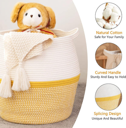 Woven Baskets for Storage(17"x17"),Large Cotton Rope Woven Baby Laundry Hamper,Collapsible Laundry Basket, Blanket Basket for Organizing Living Room,Nursery,Pillows,Toy Chest(Yellow)