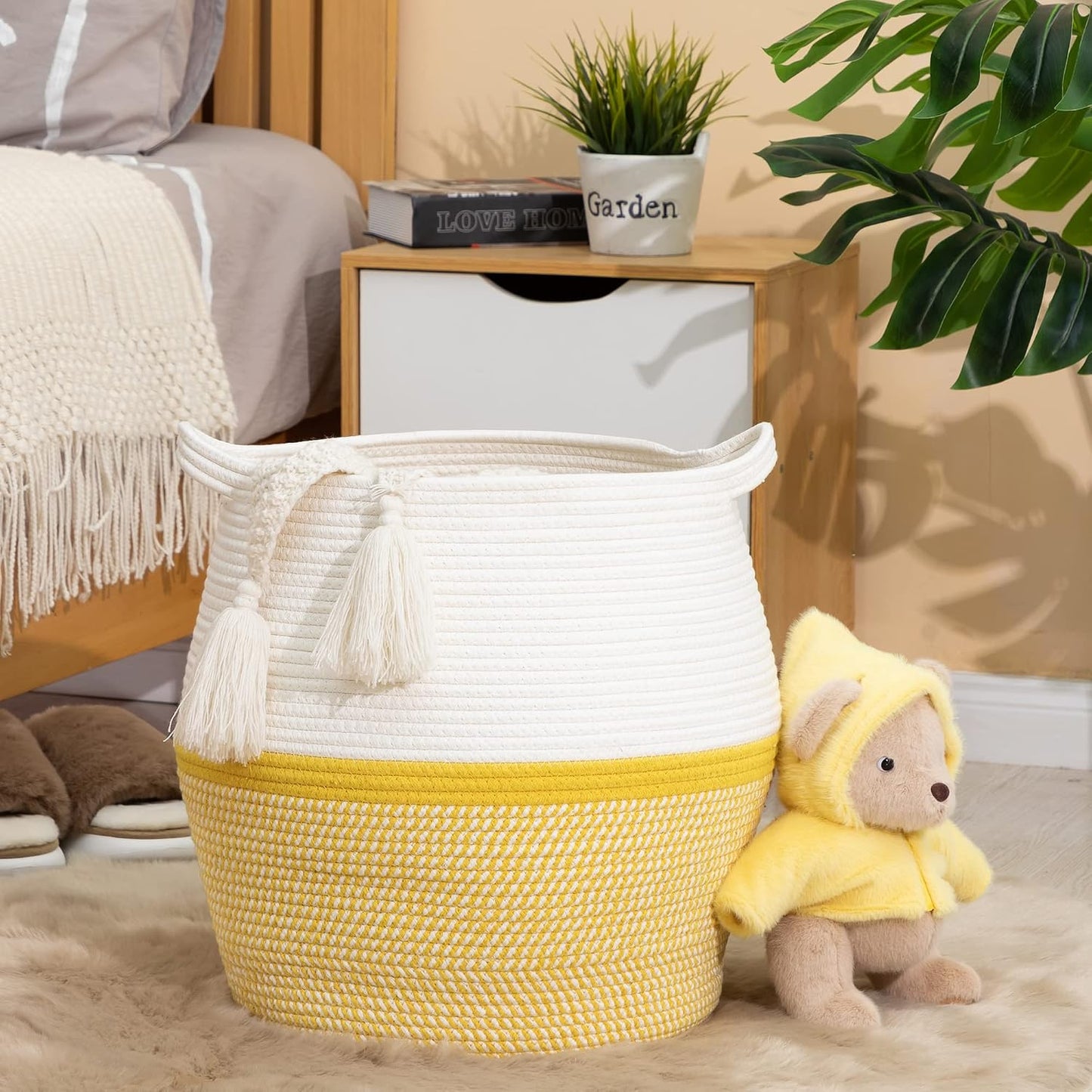 Woven Baskets for Storage(17"x17"),Large Cotton Rope Woven Baby Laundry Hamper,Collapsible Laundry Basket, Blanket Basket for Organizing Living Room,Nursery,Pillows,Toy Chest(Yellow)