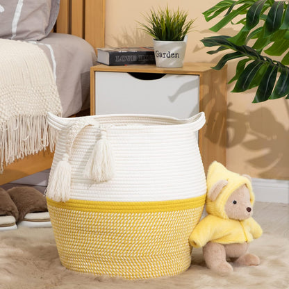 Woven Baskets for Storage(17"x17"),Large Cotton Rope Woven Baby Laundry Hamper,Collapsible Laundry Basket, Blanket Basket for Organizing Living Room,Nursery,Pillows,Toy Chest(Yellow)