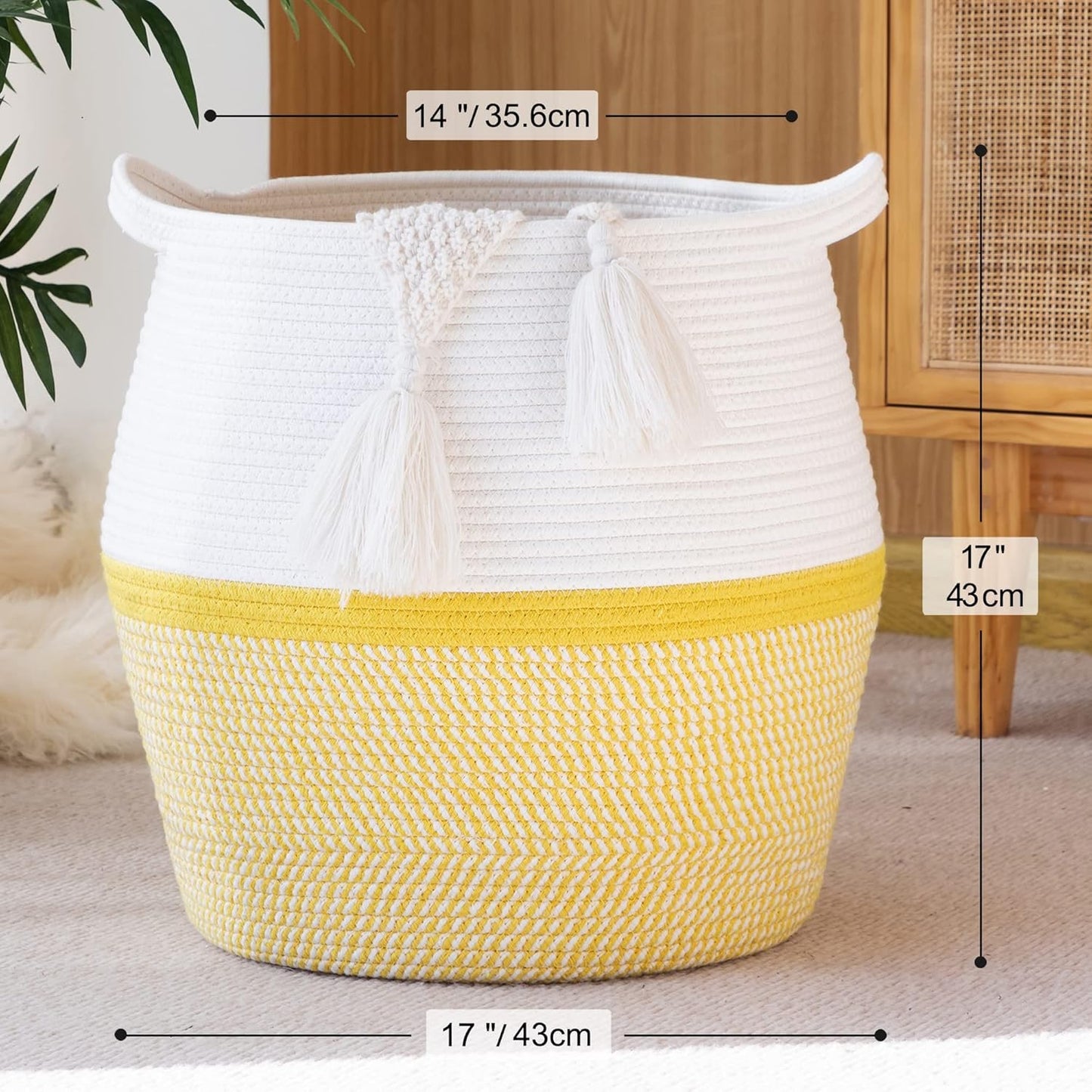 Woven Baskets for Storage(17"x17"),Large Cotton Rope Woven Baby Laundry Hamper,Collapsible Laundry Basket, Blanket Basket for Organizing Living Room,Nursery,Pillows,Toy Chest(Yellow)