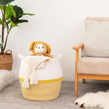 Woven Baskets for Storage(17"x17"),Large Cotton Rope Woven Baby Laundry Hamper,Collapsible Laundry Basket, Blanket Basket for Organizing Living Room,Nursery,Pillows,Toy Chest(Yellow)