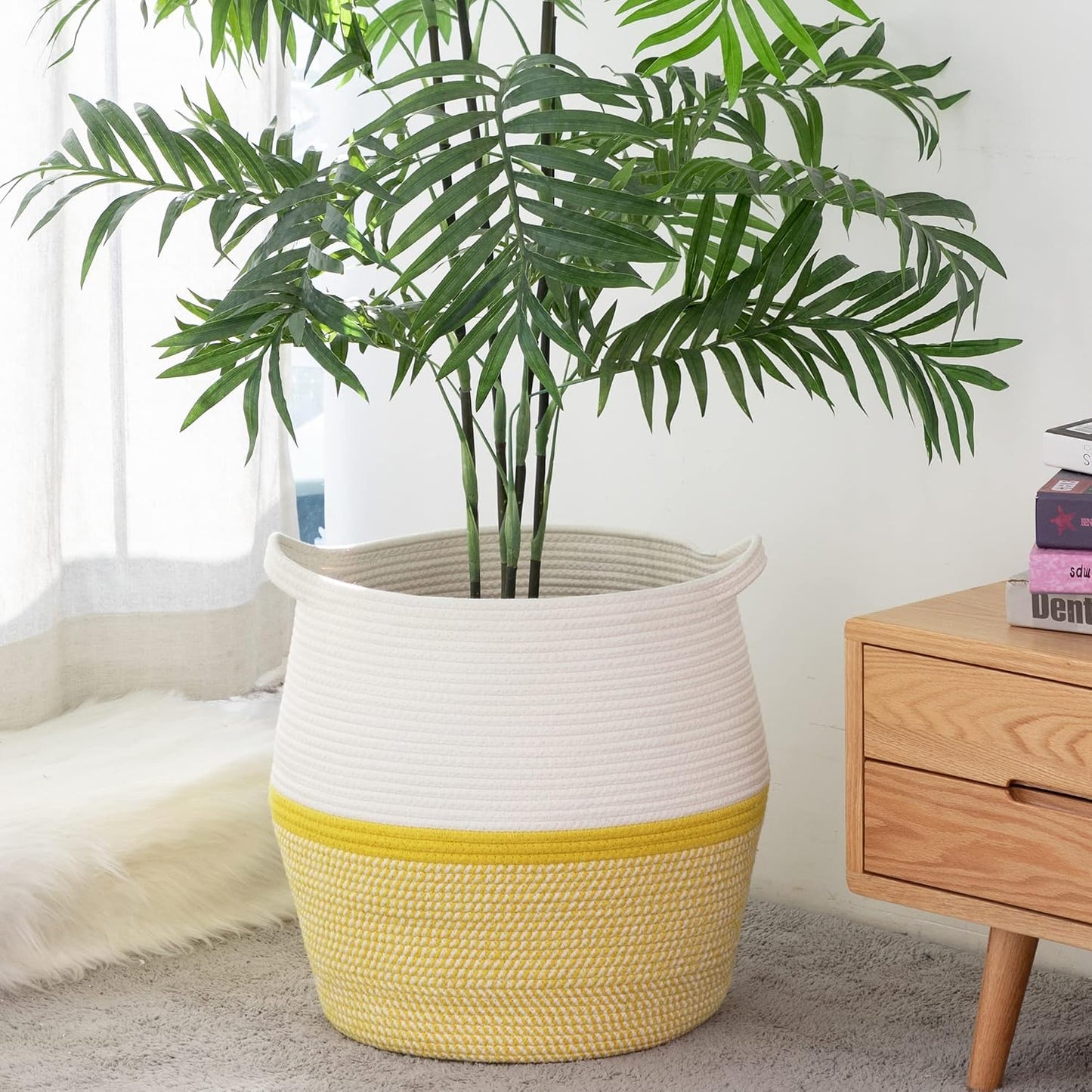 Woven Baskets for Storage(17"x17"),Large Cotton Rope Woven Baby Laundry Hamper,Collapsible Laundry Basket, Blanket Basket for Organizing Living Room,Nursery,Pillows,Toy Chest(Yellow)