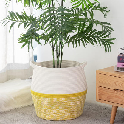 Woven Baskets for Storage(17"x17"),Large Cotton Rope Woven Baby Laundry Hamper,Collapsible Laundry Basket, Blanket Basket for Organizing Living Room,Nursery,Pillows,Toy Chest(Yellow)
