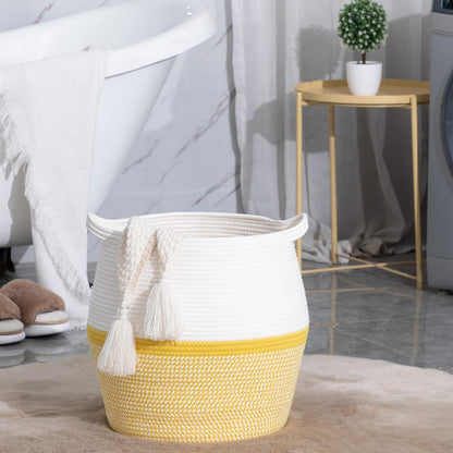 Woven Baskets for Storage(17"x17"),Large Cotton Rope Woven Baby Laundry Hamper,Collapsible Laundry Basket, Blanket Basket for Organizing Living Room,Nursery,Pillows,Toy Chest(Yellow)