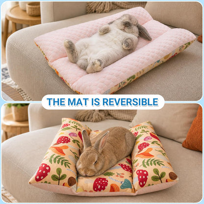 Reversible Bunny Bed, Washable Cooling Rabbit Mat Cage Accessories | Soft Thickened Small Animal Bedding Pillow for Guinea Pig, Chinchilla, Hedgehog, Ferret, Kitten, Chihuahua (14x15.7in)