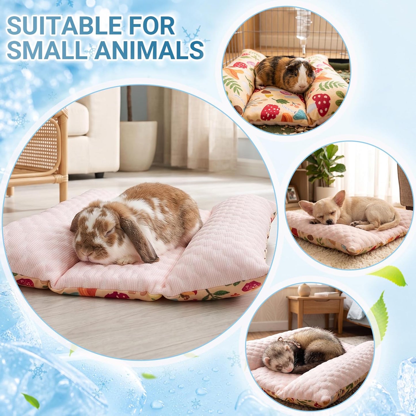 Reversible Bunny Bed, Washable Cooling Rabbit Mat Cage Accessories | Soft Thickened Small Animal Bedding Pillow for Guinea Pig, Chinchilla, Hedgehog, Ferret, Kitten, Chihuahua (14x15.7in)