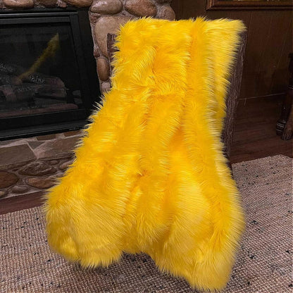 Fur Accents Shag Faux Fur, Yellow, Gold, Throw Blanket withFloral Print Minky Cuddle Lining, Bedspread, Throw, Comforter, Plush Shaggy Soft Fur, Hand Made to Order USA (Twin Size)