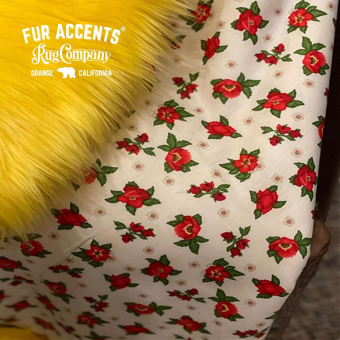 Fur Accents Shag Faux Fur, Yellow, Gold, Throw Blanket withFloral Print Minky Cuddle Lining, Bedspread, Throw, Comforter, Plush Shaggy Soft Fur, Hand Made to Order USA (Twin Size)
