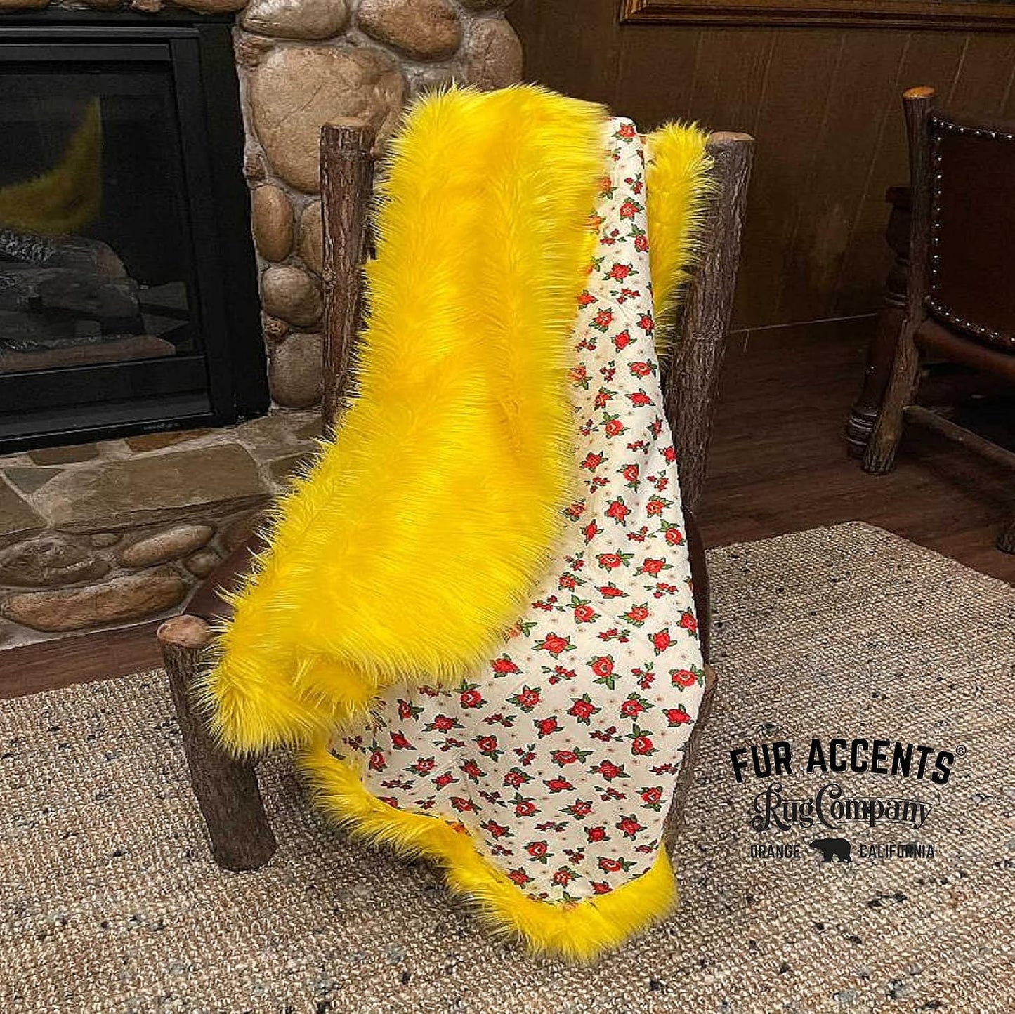 Fur Accents Shag Faux Fur, Yellow, Gold, Throw Blanket withFloral Print Minky Cuddle Lining, Bedspread, Throw, Comforter, Plush Shaggy Soft Fur, Hand Made to Order USA (Twin Size)
