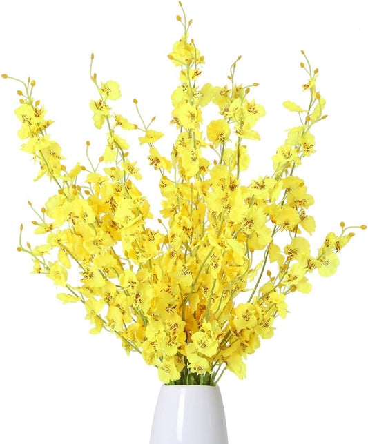 12Pcs Yellow Artificial Orchids Flowers, Dried Silk Orchids, Fake Orchids Flowers Silk Faux Dancing Orchids Bouquet for DIY Indoor Outdoor Wedding Party Home Kitchen Office Decoration