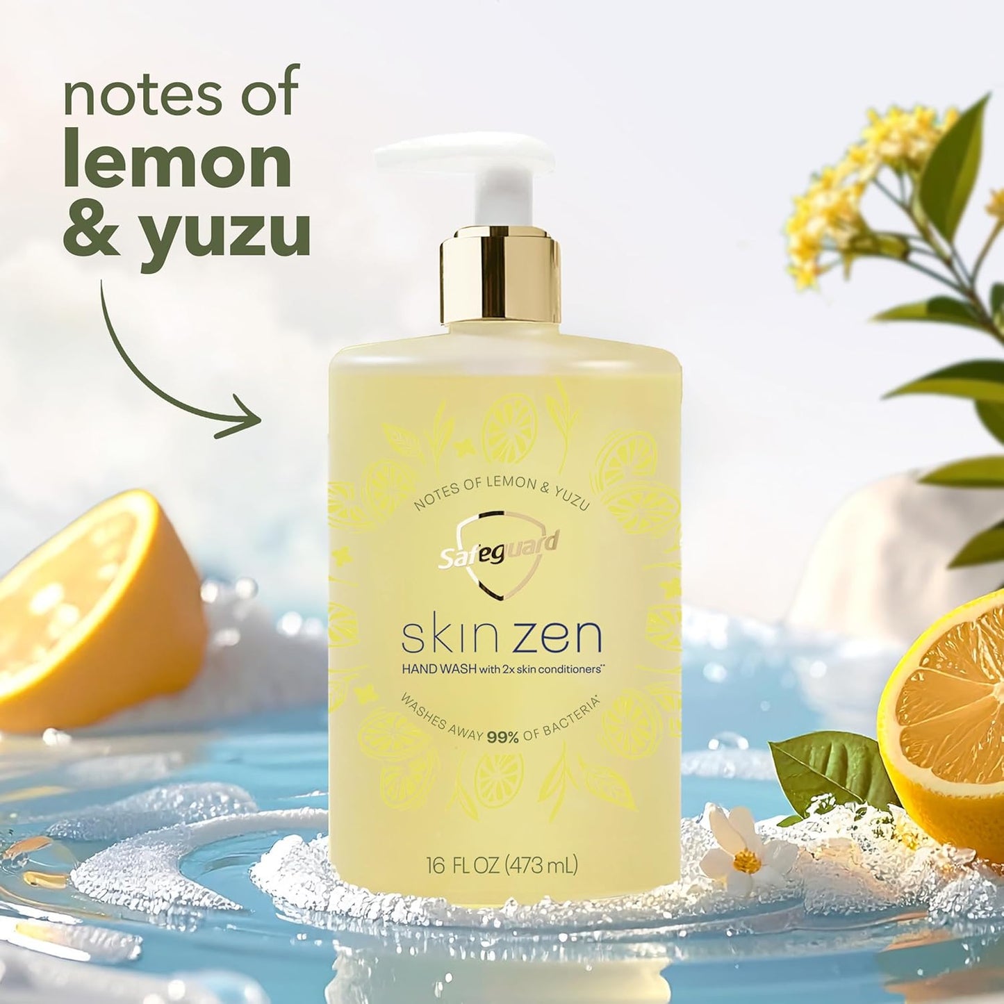 Liquid Hand Soap, Skin Zen, Washes Away 99% Bacteria, Made with Natural Moisturizers & 2X Skin Conditioners, Safeguarding Families, PH Balanced Formula, Lemon & Yuzu Scent, 16 oz